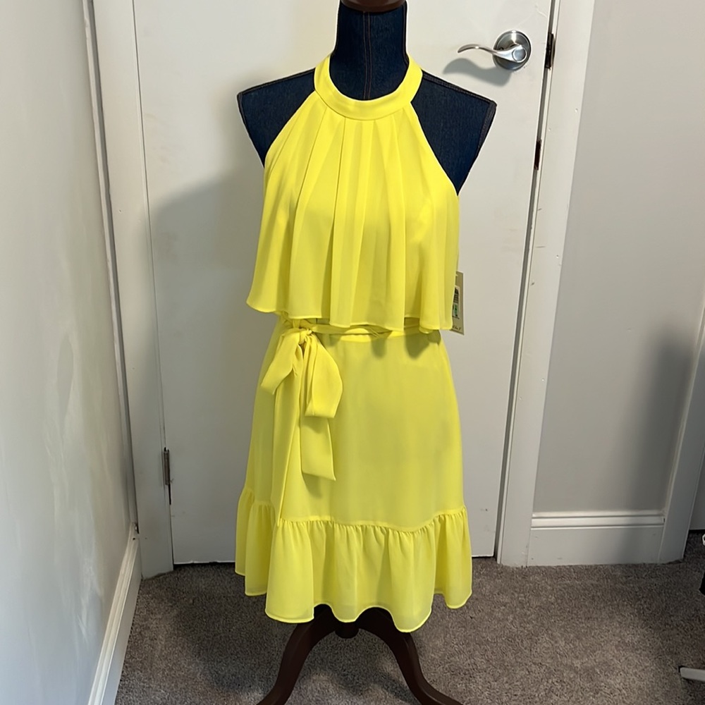Eliza J Halter Neck Yellow Tiered Dress Lined Ties at Waist Size 8 New $128